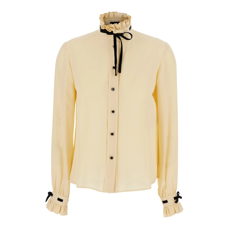 Beige High Neck Shirt with Ruffle Details in Silk Woman