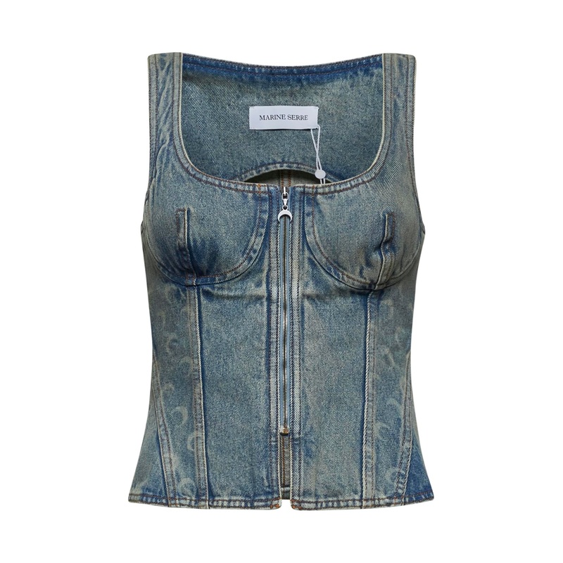Beige Moon print denim corset top