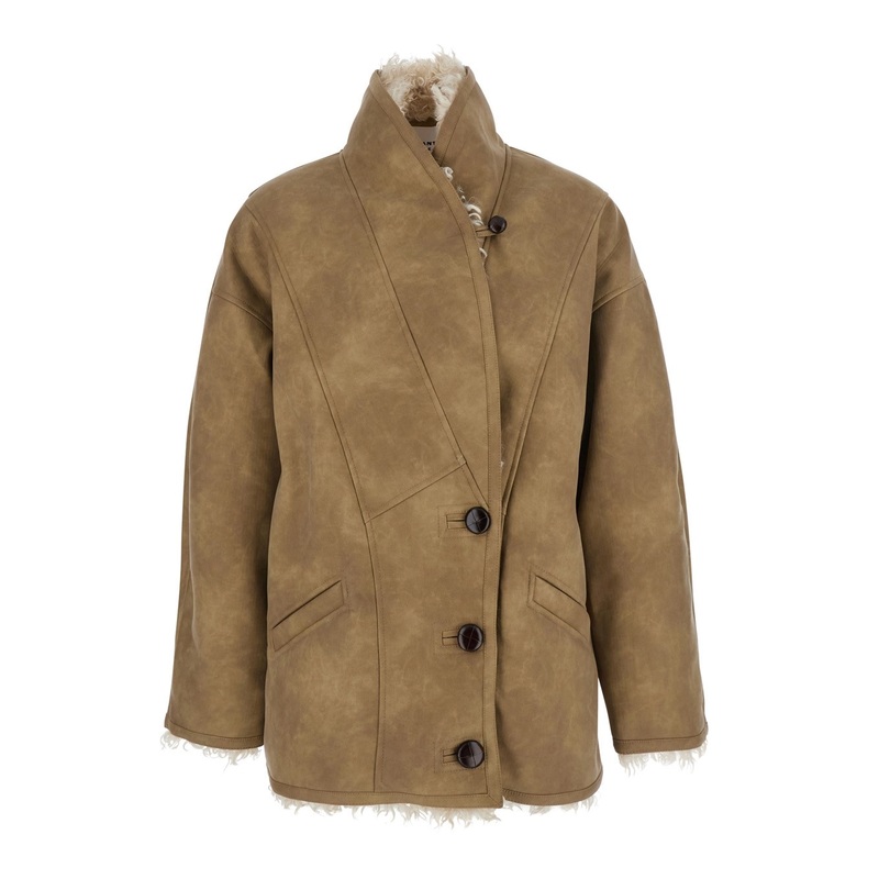 Beige Shearling Coat with High Collar and Button Closure in Leather and Fur Woman