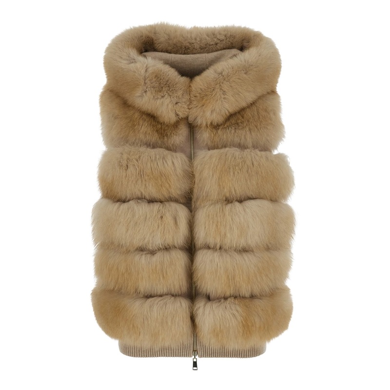 Beige Sleeveless Fur Jacket with Hood and Front Zip Closure in Fur Woman