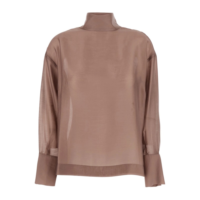Beige Turtleneck Pullover with Buttoned Cuffs in Tech Fabric Woman