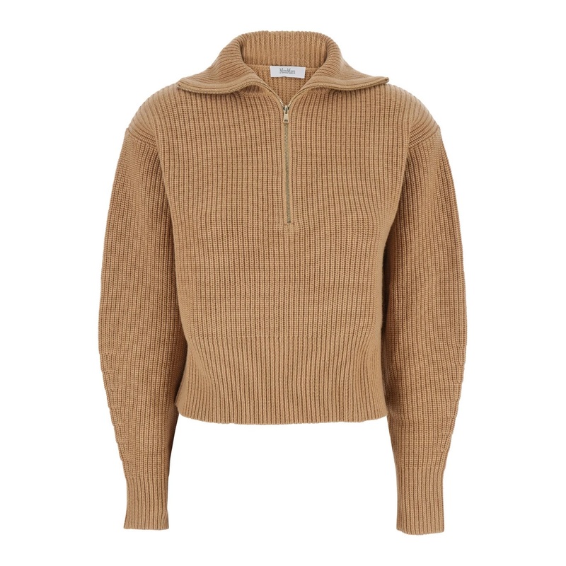 Beige Turtleneck Sweater with Ribbed Design in Wool and Cashmere Blend Woman