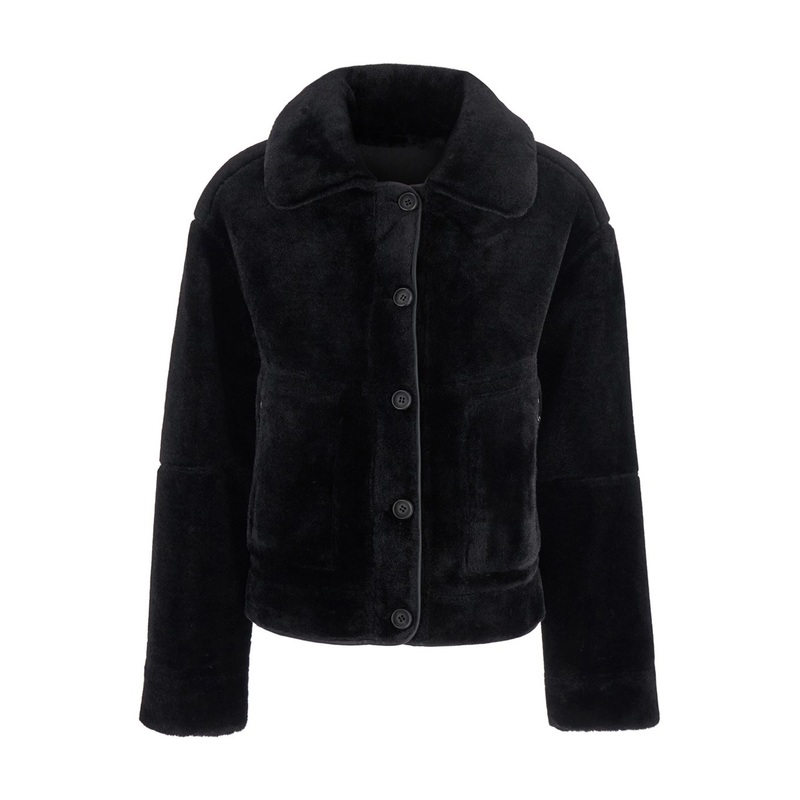 Black Shearling Coat with Classic Collar and Button Closure in Faux Fur Woman