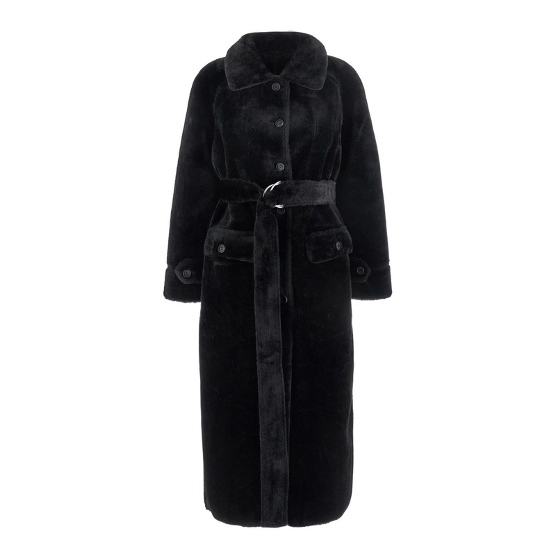 Black Shearling Coat with Classic Collar and Waist Belt in Faux Fur Woman