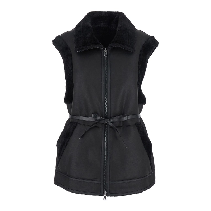 Black Sleeveless Shearling Jacket with Zip Closure and Waist Belt in Faux Fur Woman