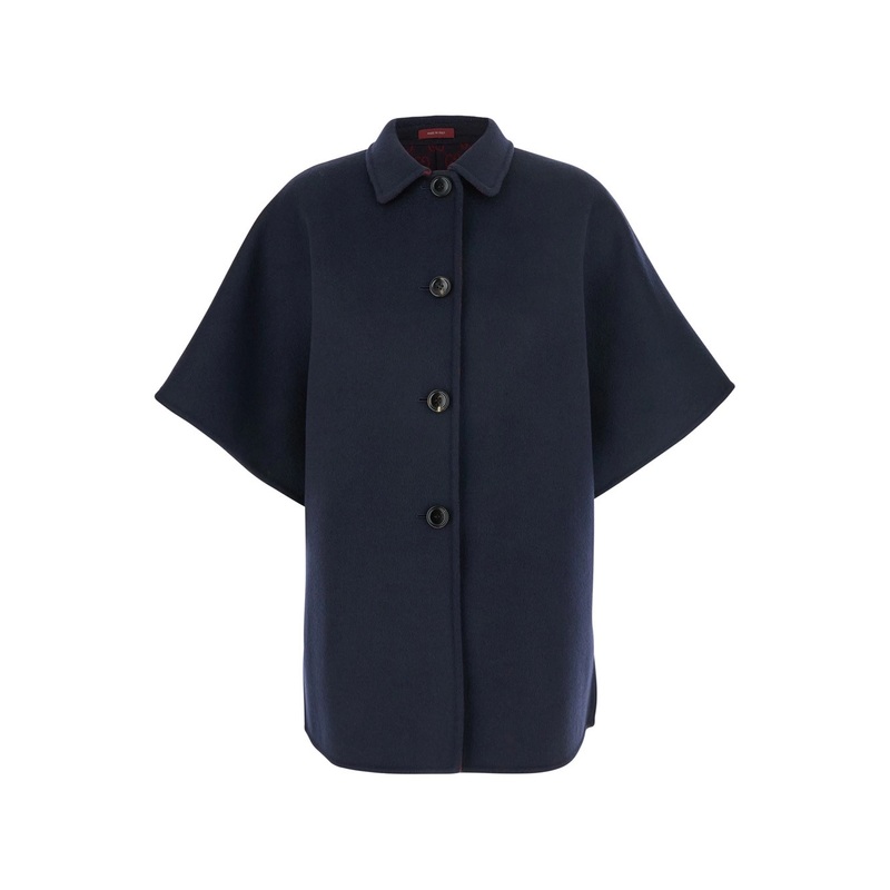 Blue Reversible Cape with Pointed Collar in Wool and Silk Woman