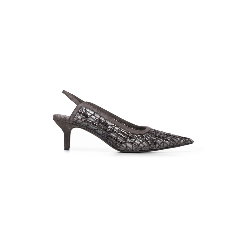 Brown mesh embroidered slingback<BR/>