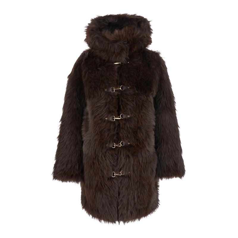 Brown Shearling Coat with Hood and Hook Closure in Faux Fur Woman