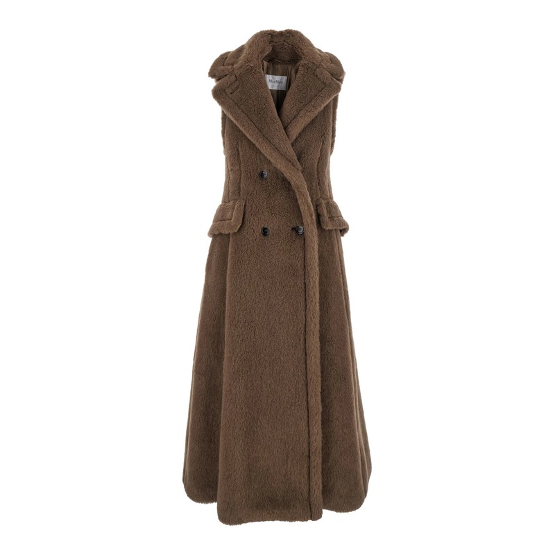 Brown Sleeveless Coat with Wide Classic Lapels in Fur Woman