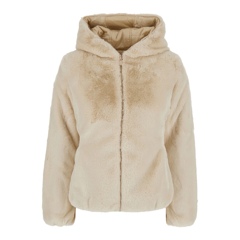 ‘Laila’ Beige Down Jacket with Hood i n Ecofur Woman