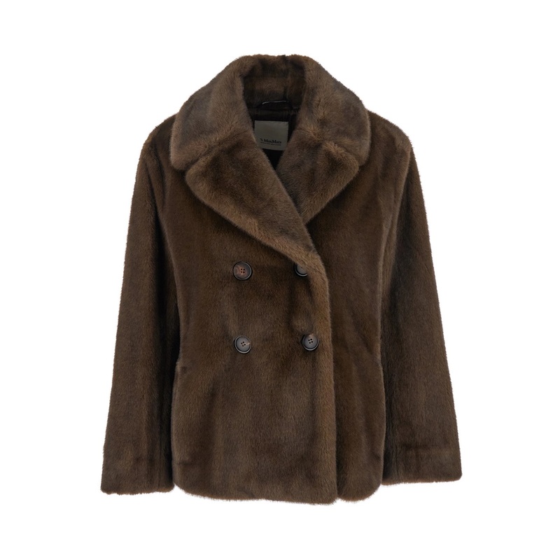 ‘Laura’ Brown Double-Breasted Jacket with Wide Notched Revers in Ecofur Woman