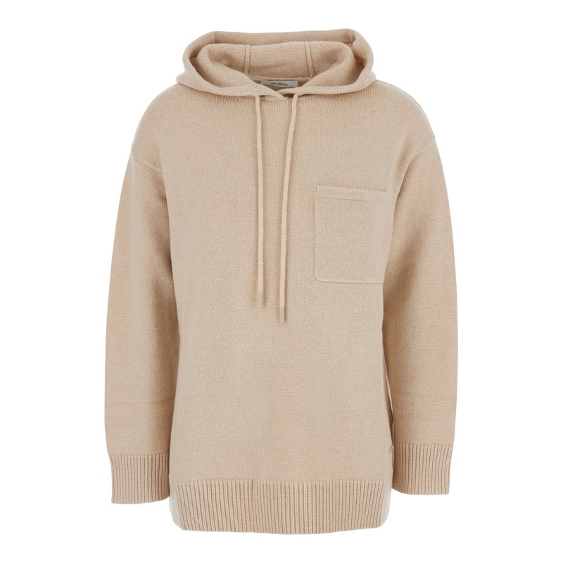 ‘Liana’ Beige Sweater with Drawstring Hood and Dropped Shoulders in Cashmere Woman