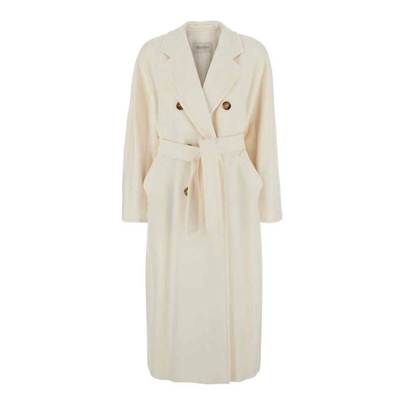 ‘Madame’ White Belted Coat with Notched Revers in Wool and Cashmere Woman