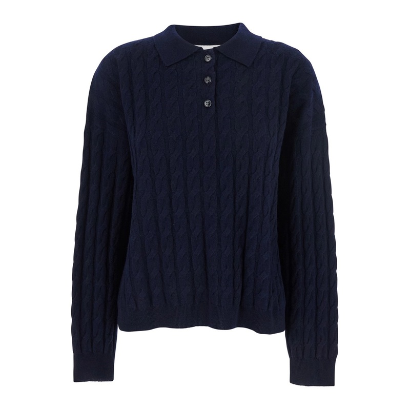 ‘Magnolie’ Blue Cable Knit Polo Shirt-Style Sweater with Classic Collar in Cashmere Woman