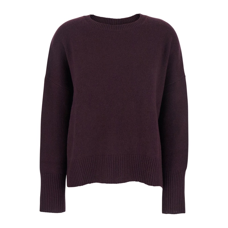 ‘Mila’ Bordeaux Sweater with Dropped Shoulders and Ribbed Trims in Cashmere Woman