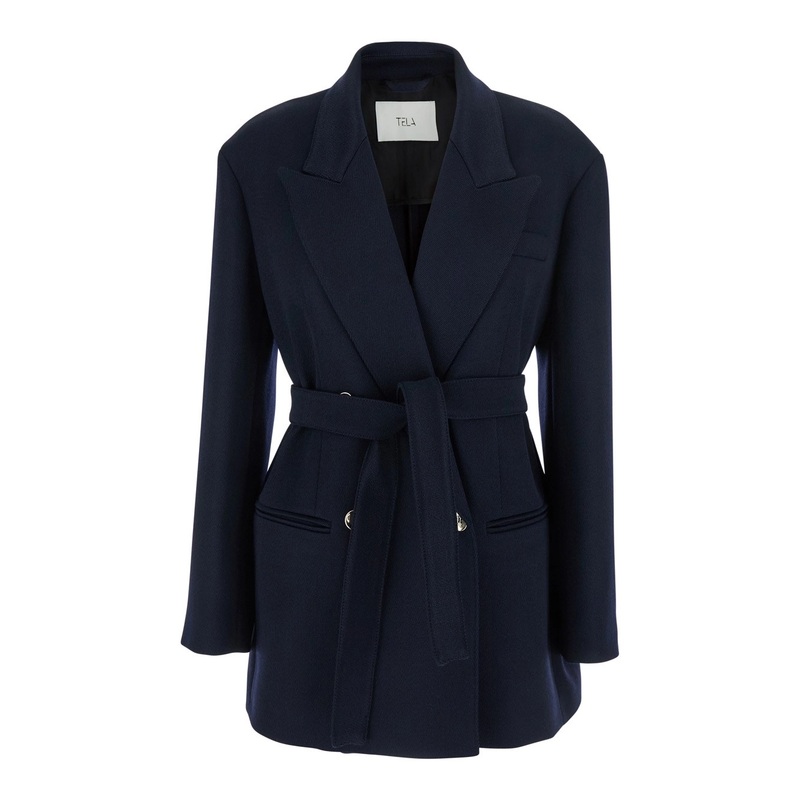 ‘Nomade’ Blue Double-Breasted Jacket with Peak Revers and Belt in Wool Woman