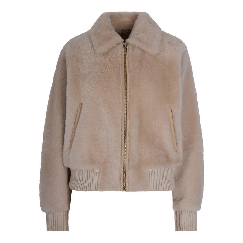 Ribbed Hem Shearling Jacket|Beige|42|40|44|38