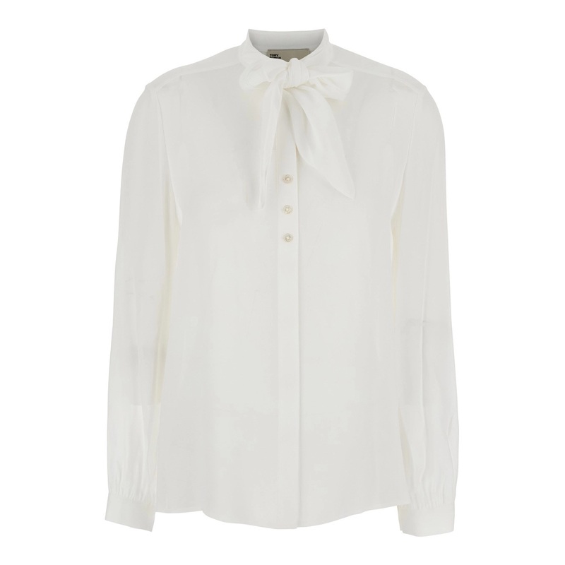 White Blouse with Pussybow Collar in Viscose Woman