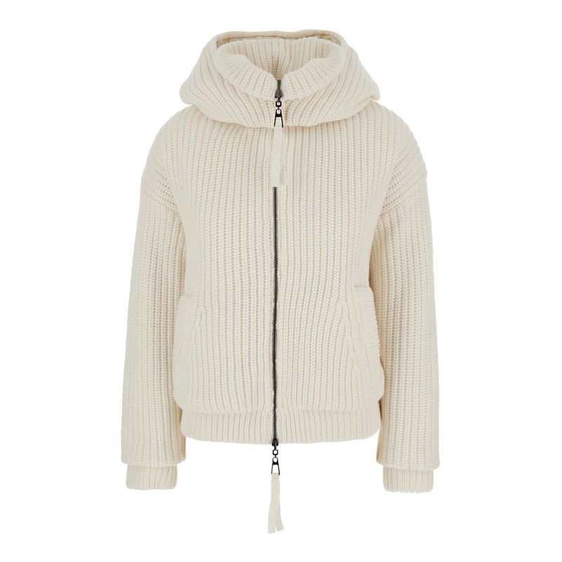 White Knit Down Jacket with Hood in Wool Woman