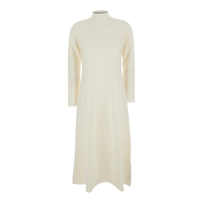 White Long Dress with High-Neck in Cotton Woman