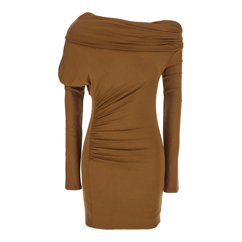 ‘Zoe’ Beige Dress with Asymmetrical Design and Draped Detail in Fabric Woman