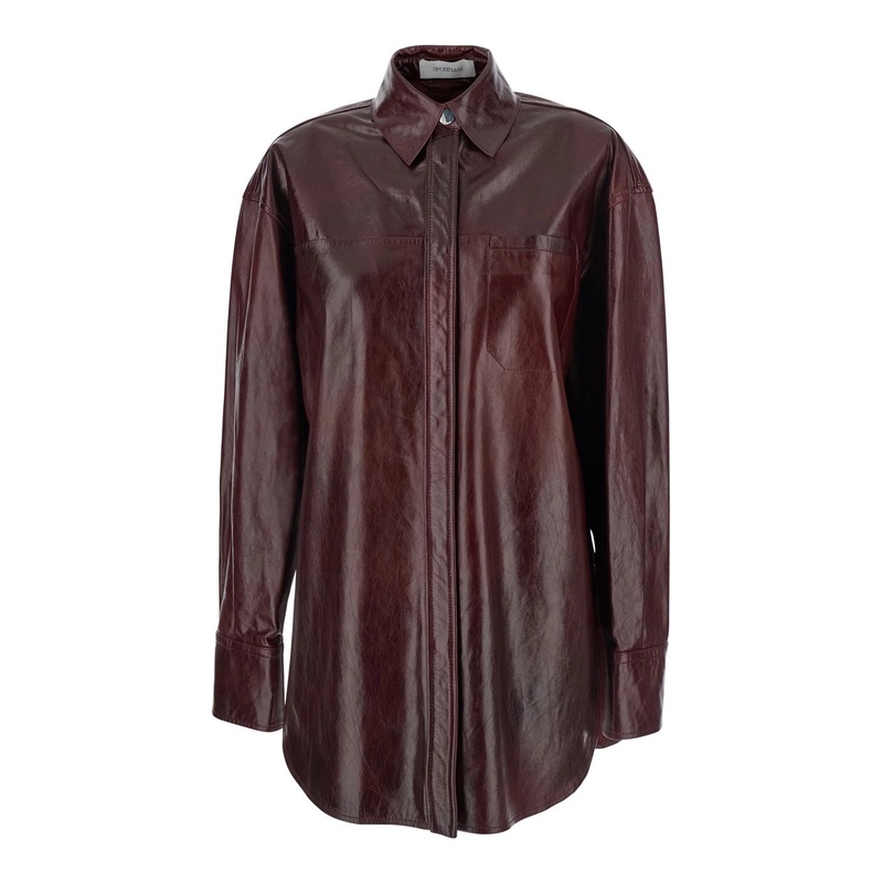 ‘Borel’ Bordeaux Jacket with Classic Collar and Front Button Closure in Leather Woman