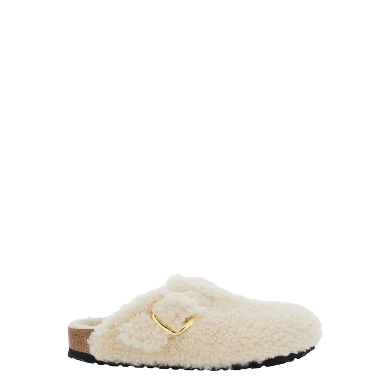 ‘Boston’ White Slip-On Mules with Buckle in Eco-Shearling Woman