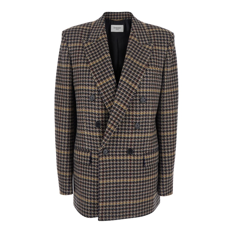 Brown Double-Breasted Jacket with Notched Revers and All-Over Check Motif in Wool Woman