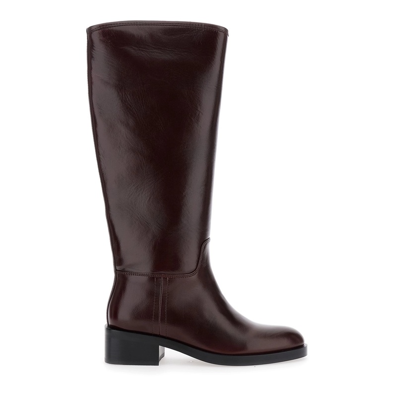Brown Knee High Boots with Block Heel in Leather Woman