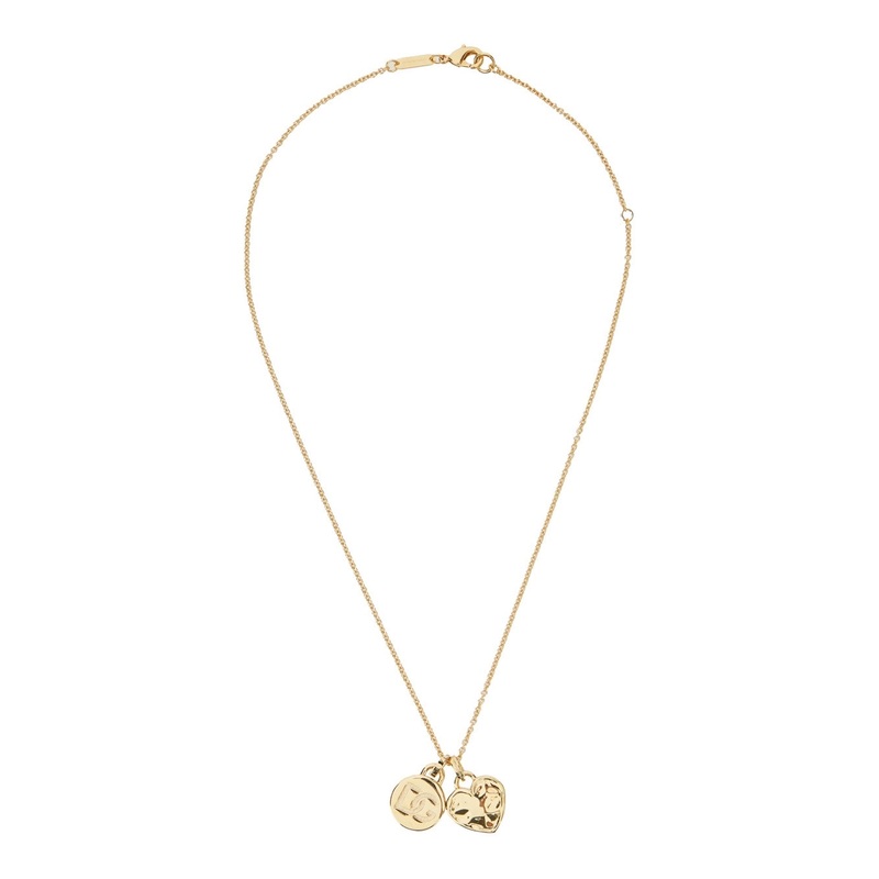 Gold Colored Necklace with Logo Pendant and Heart Pendant in Brass Woman