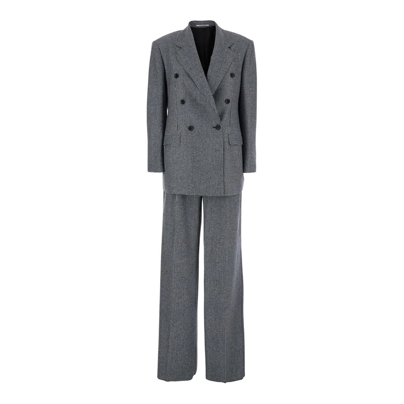 Grey Double-Breasted Suit with Plaid Pattern and Notched Revers in Wool Woman