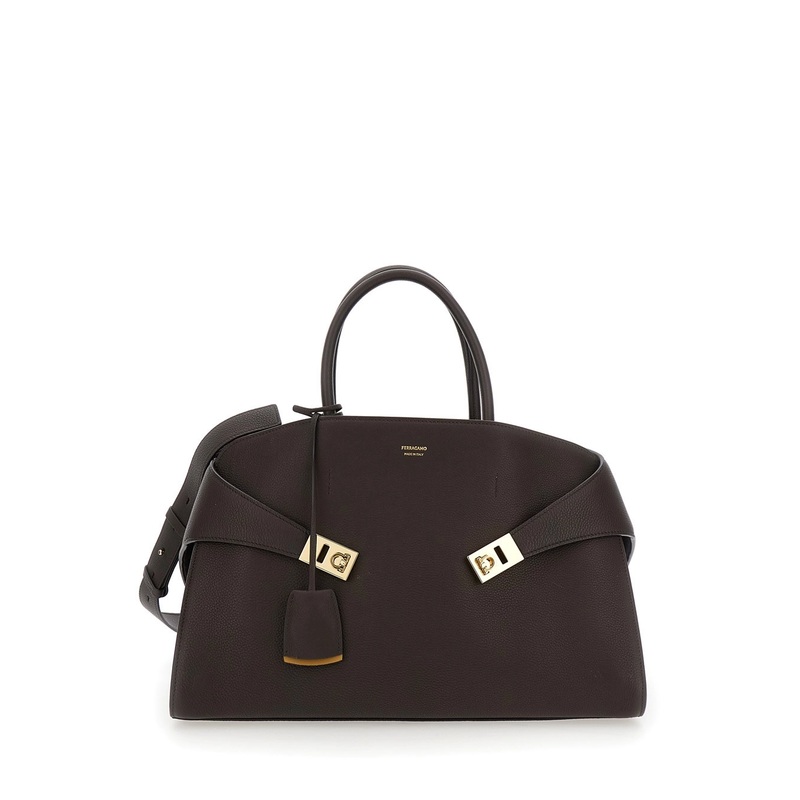 ‘Hug Bicolor’ Brown Handbag with Logo and Gancini Buckle in Leather Woman