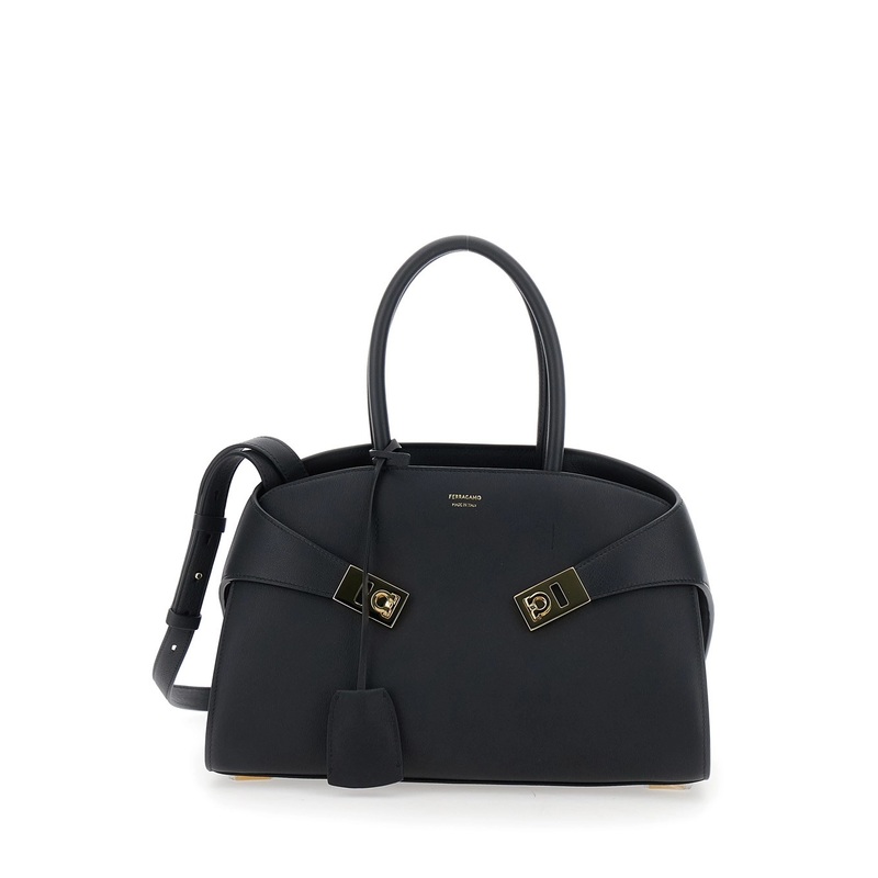 ‘Hug S’ Black Handbag with Logo and Gancini Buckle in Leather Woman