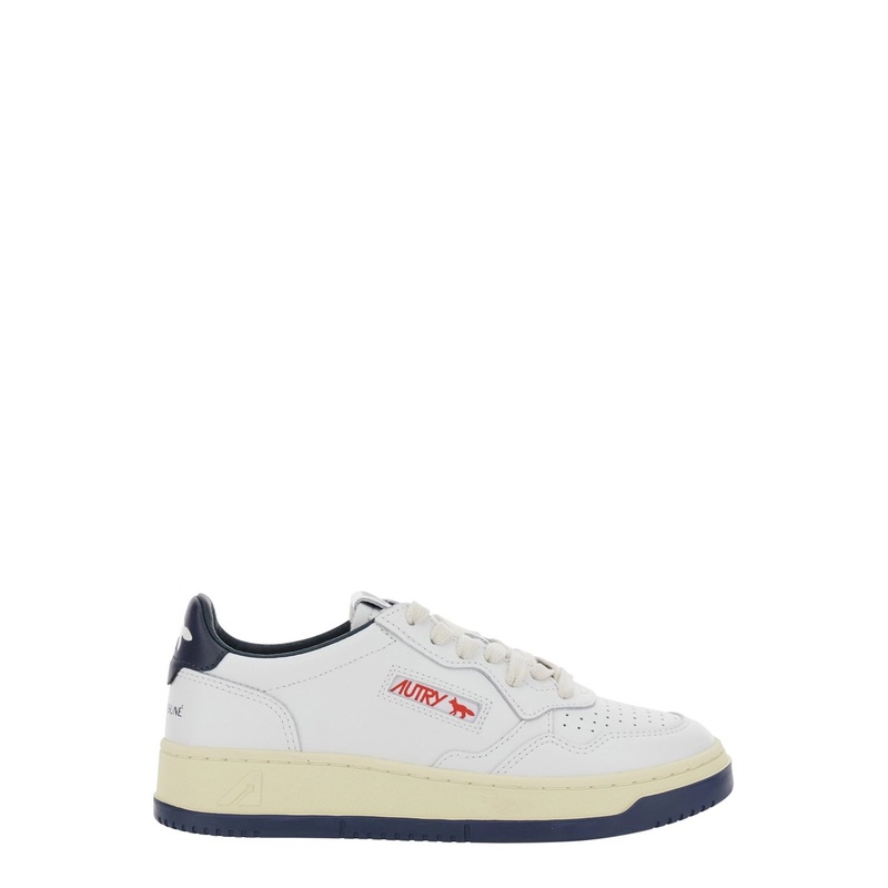 ‘Medalist Low x Maison Kitsun’ White and Blue Sneaker with Side Logo and Logo Lettering on the Back in Leather Woman