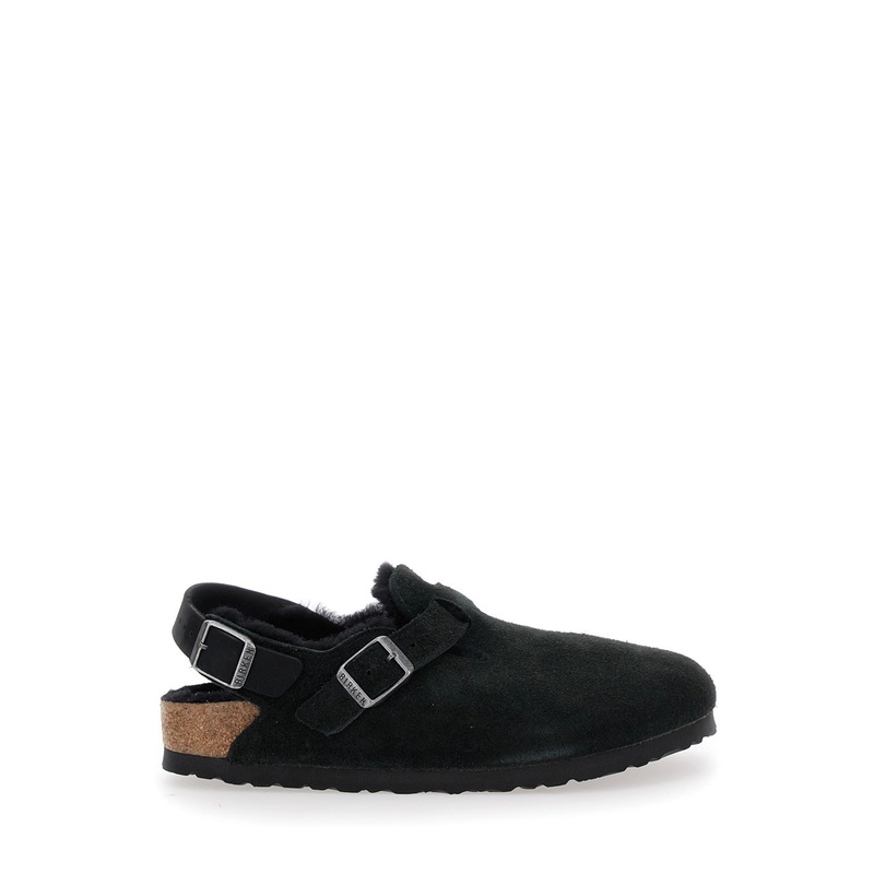 ‘Tokio’ Black Mules with Engraved Logo in Suede and Shearling Woman