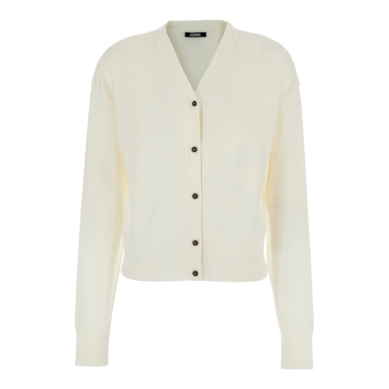 White V-Neck Cardigan with Back Logo Lettering in Wool Woman