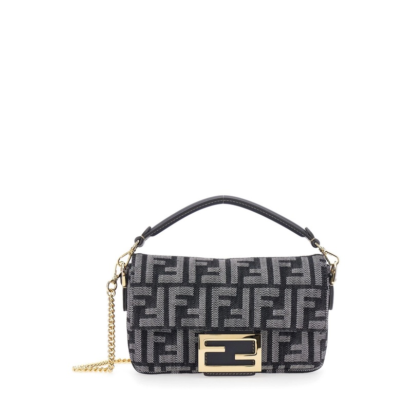 ‘Baguette’ Blue Handbag with Chain-Link Removable Shoulder Strap and All-Over FF Motif in Denim Woman