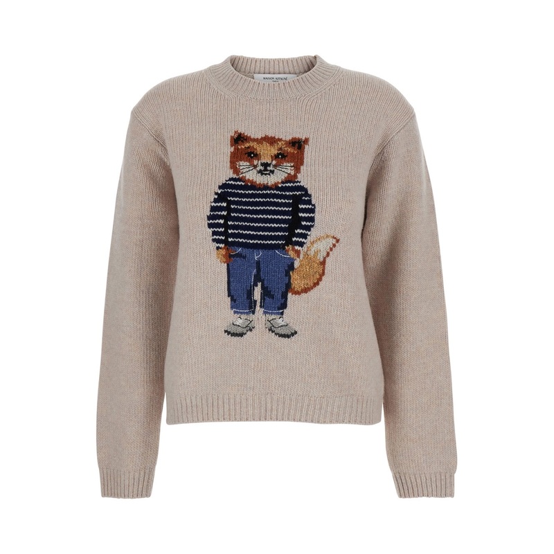 Beige Crew Neck Sweater with Ribbed Design and Front Embroidery in Wool Woman