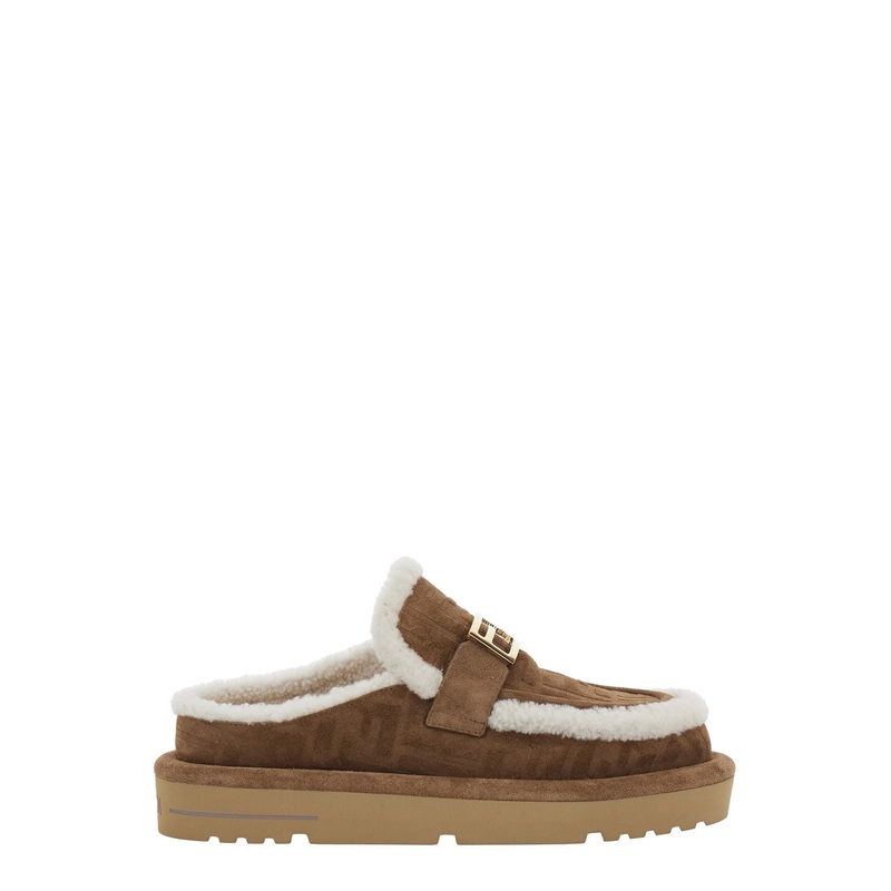 Beige Mules with Logo Lettering on the Rear and FF Buckle in Suede Woman