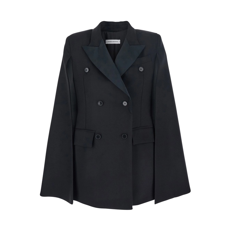 Black Oversize Jacket with Peak Revers and Long Wide Sleeves in Cotton Blend Woman