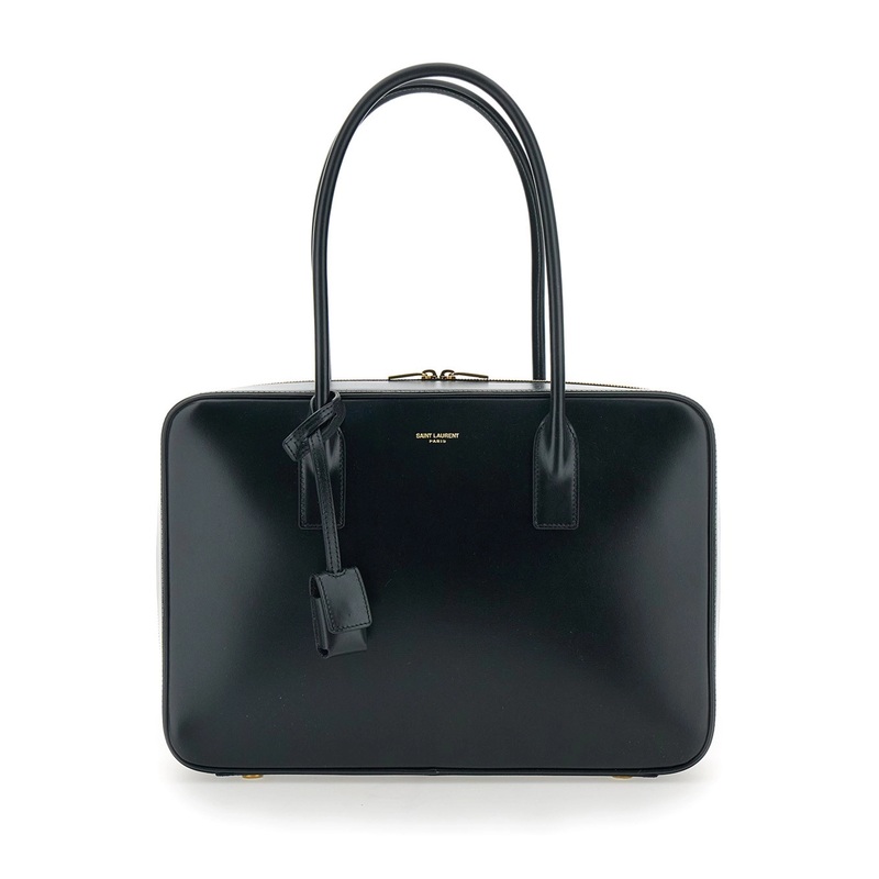 Black Shoulder Bag with Logo Lettering on the Front and Keychain Detail in Leather Woman