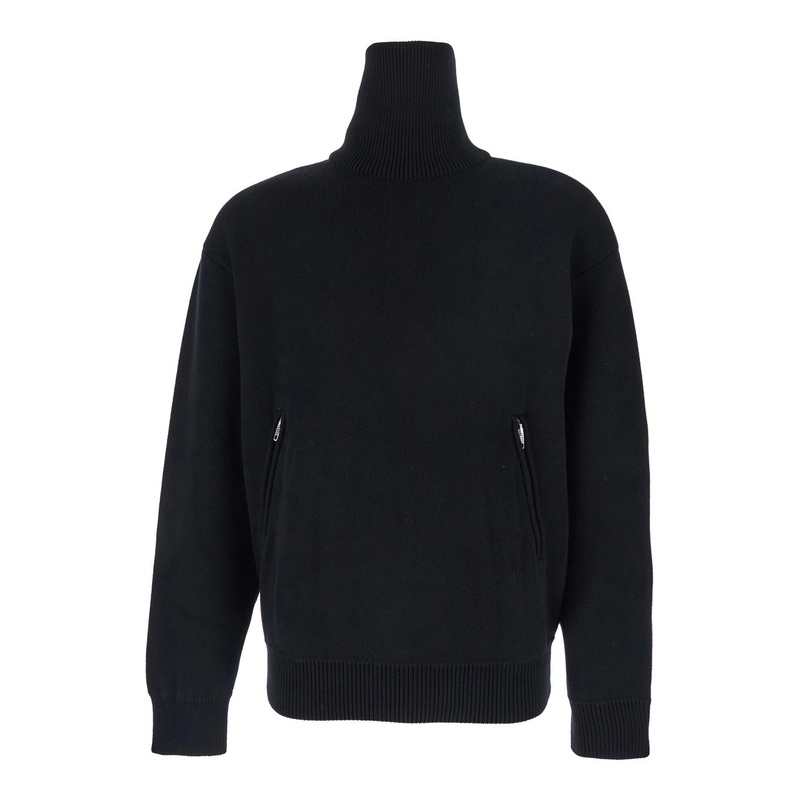 Black Turtleneck Sweater with Rear Half Zip Closure in Cotton Blend Stretch Woman