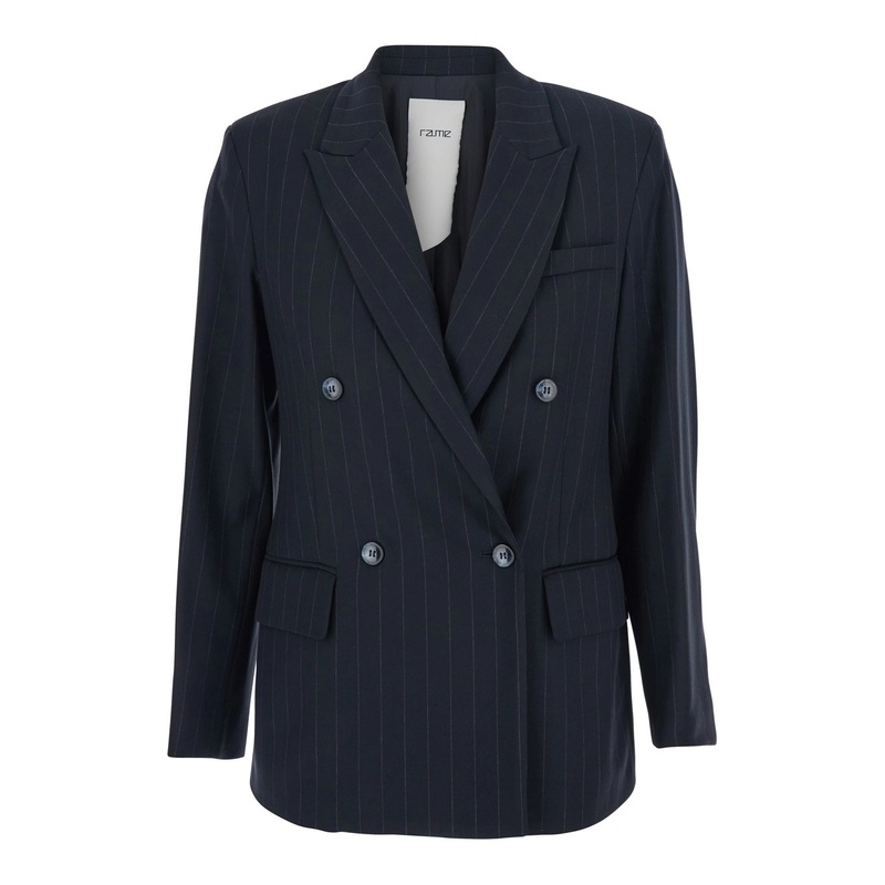 Blue Double-Breasted Jacket with Peak Revers and Pinstripe Motif in Fabric Woman