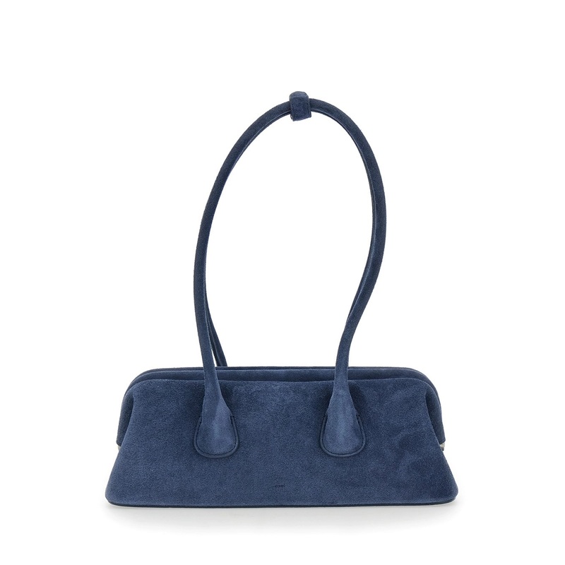 ‘Boat Wide Mini’ Blue Shoulder Bag with Round Handles in Suede Woman