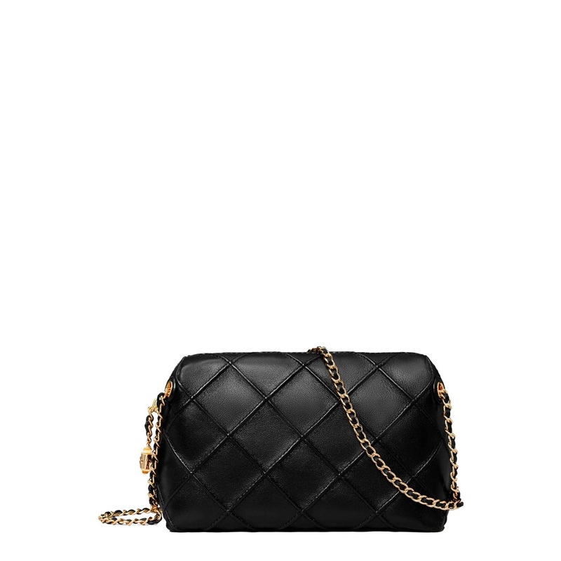‘Fleming’ Black Diamond Quilted Shoulder Bag with Chain-Link Shoulder Strap in Leather Woman
