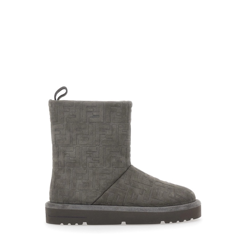 Grey Ankle Boots with Logo Lettering on the Rear and All-Over FF Motif in Suede Woman