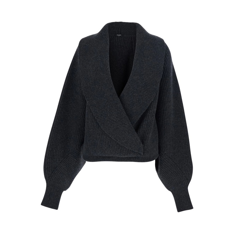 Grey Sweater with Weap Effect and Wide Revers in Wool Woman