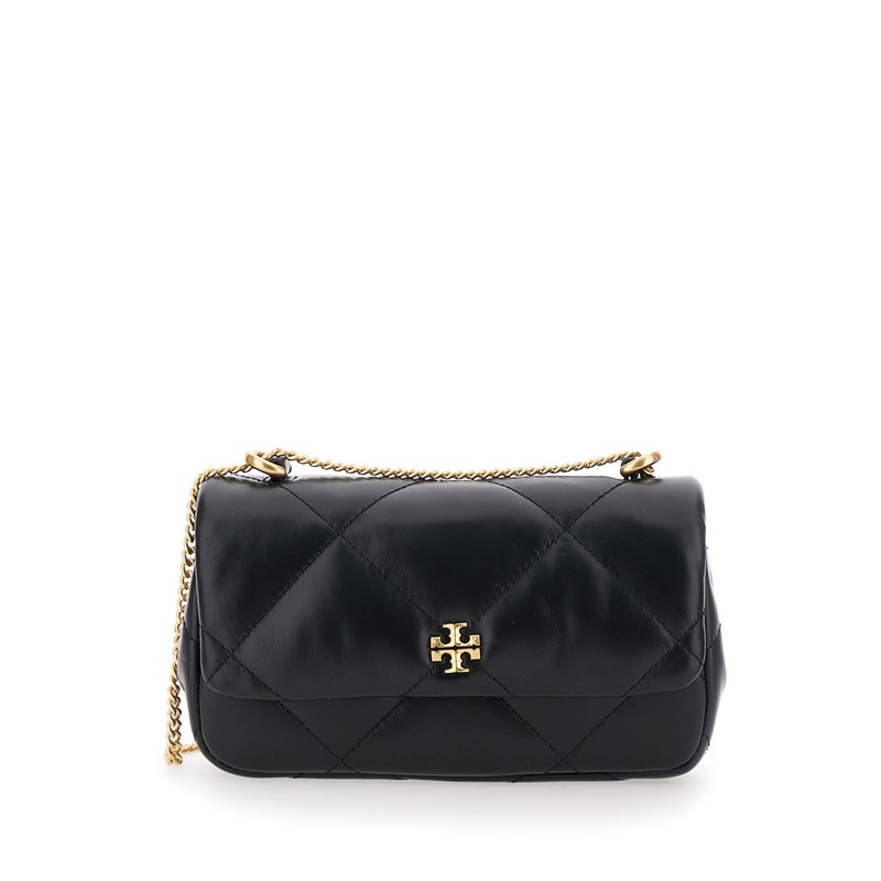 ‘Kira’ Black Diamond Quilted Crossbody Bag with Logo Plaque on the Front in Leather Woman