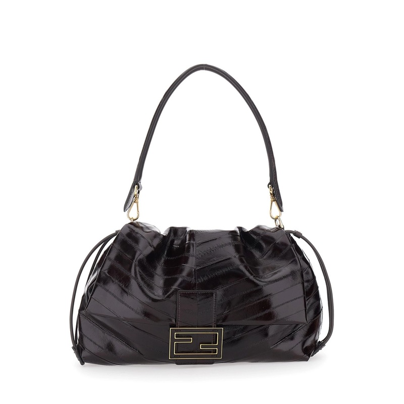 ‘Mamma Baguette Medium’ Brown Shoulder Bag with FF Closure on the Front in Hagfish Leather Woman