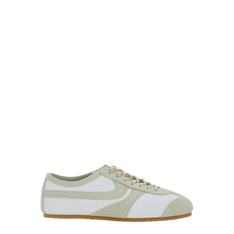 White Low Top Sneakers with Embossed Logo on the Tongue in Leather and Suede Woman